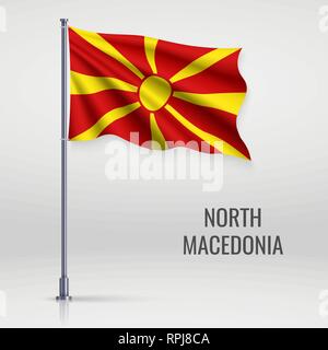 Sventola bandiera del Nord Macedonia sul pennone. Modello per il giorno di indipendenza il design di poster Illustrazione Vettoriale