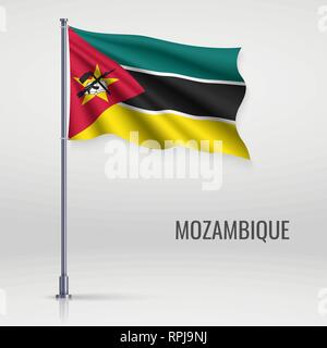 Sventola bandiera del Mozambico sul pennone. Modello per il giorno di indipendenza il design di poster Illustrazione Vettoriale