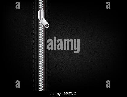 Cerniera lampo argento su un sfondo di cuoio Foto Stock