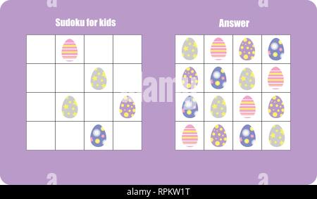 Gioco di Sudoku con uova di Pasqua per i bambini, livello facile, gioco di educazione per i bambini in età prescolare attività del foglio di lavoro, attività per lo sviluppo della logica sottile Illustrazione Vettoriale