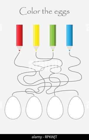 Pasqua gioco labirinto, un labirinto e la colorazione della uova, foglio di lavoro in età prescolare attività per bambini attività per lo sviluppo del pensiero logico, vettore Illustrazione Vettoriale