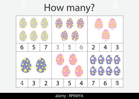 Come molti gioco di conteggio con uova di Pasqua per i bambini, istruzione matematica task per lo sviluppo del pensiero logico, in età prescolare attività del foglio di lavoro, conteggio Illustrazione Vettoriale