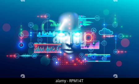 Intelligenza artificiale concetto astratto banner. Digital Mind analizza i dati di informazioni. AI Connessione con rete neurale, risolve le attività aziendali Illustrazione Vettoriale