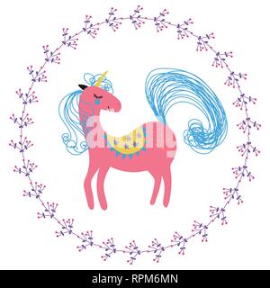 Unicorno rosa nel telaio a cerchio. Illustrazione di vettore per il design. Illustrazione Vettoriale