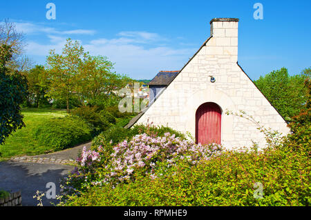 Una piccola casa con tetto triangolare e ad arco rosso porta in legno con una sorprendente piccola città di Saumur, Francia. Un sacco di alberi verdi e fiori di colore rosa. Primavera calda Foto Stock