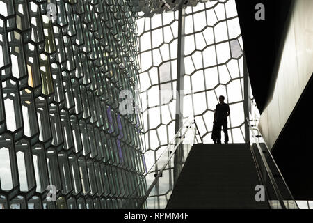 Silhouette di un uomo in piedi su una scala di Harpa, Islanda Foto Stock