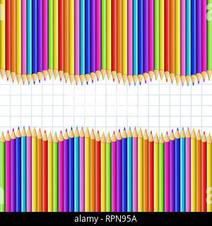 Quadrato bordo ondulato telaio realizzato in legno multicolore matite righe su bianco rappresentazione grafica di sfondo della carta. Si torna a scuola confinante con concetto di modello, con Co Foto Stock