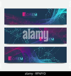 Vettore astratto insieme di moderno sito web banner. Cibernetica scientifica lo sfondo con il dynamic linear onde. Molecola e sfondo di comunicazione Illustrazione Vettoriale