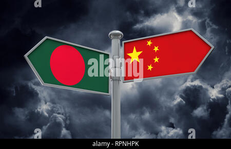 La Cina e il Bangladesh bandiera segno muovendosi in direzione diversa. Il rendering 3D Foto Stock