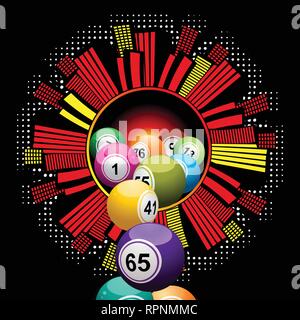 Lotteria Bingo sfere caduta da un stile Cartoons Cityscape bordo circolare su sfondo nero Illustrazione Vettoriale