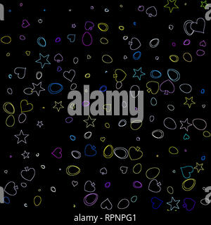 Cuori colorati, stelle e cerchi su sfondo nero, modello senza giunture Foto Stock