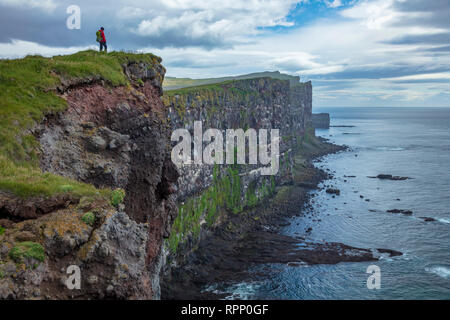 Persona sulla sommità del Latrabjarg le scogliere degli uccelli. Latrabjarg Penisola, Westfjords, Islanda. Foto Stock