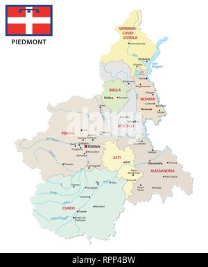 Piemonte politica e amministrativa di mappa vettoriale con bandiera Illustrazione Vettoriale