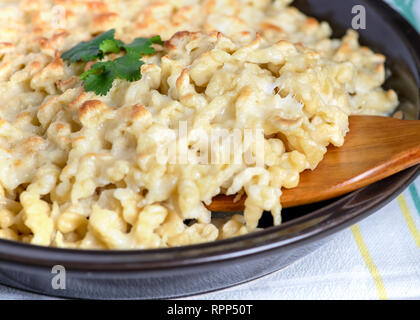 In casa spaetzle con formaggio immagine ravvicinata di una tradizione tedesca, ricetta seletcive focus per aggiungere spazio di copia e sovrapposizione di testo Foto Stock