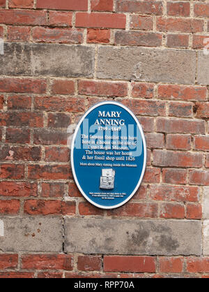 Targa blu dedicato a Maria Anning fuori l'ingresso a Lyme Regis museum. Foto Stock