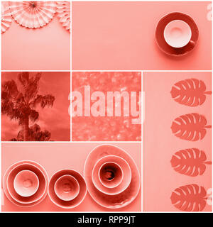 Collage nel quartiere alla moda di colori dei coralli, varietà di oggetti, la carta cinese ventole, Palm tree, posateria, foglie di monstera, il fuoco selettivo Foto Stock