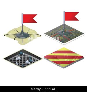 Serie di punti di controllo con le bandiere rosse isolato su sfondo bianco. Vector cartoon close-up illustrazione. Illustrazione Vettoriale