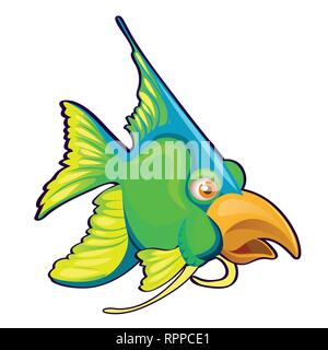 Voglia di pesce verde con becco di uccello isolato su uno sfondo bianco. Vettore di Cartoon close-up illustrazione. Illustrazione Vettoriale