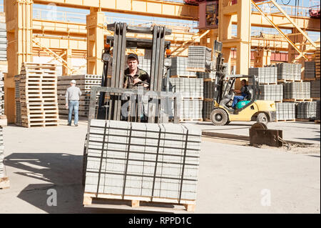Driver sul carrello di sollevamento carichi di prodotti di impianto Foto Stock