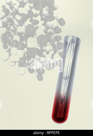 Le capsule di droga e il campione di sangue, illustrazione concettuale. Foto Stock