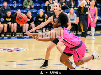 Edmond, OK, Stati Uniti d'America. Il 21 febbraio, 2019. University of Central Oklahoma Guard Shatoya Bryson (21) e Fort Hays membro Guard Whitney Clampitt (4) dive per la palla durante una partita di basket tra il Fort Hays membro tigri e il Central Oklahoma Bronchos al campo di Hamilton House di Edmond, OK. Siegel grigio/CSM/Alamy Live News Foto Stock