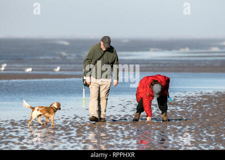 Southport, Merseyside, Regno Unito. Il 22 febbraio 2019. Giorno caldo e soleggiato. In una bellissima giornata calda e soleggiata, una coppia di anziani a piedi la loro amata pet pooch lungo le rive di Southport beach nel Merseyside. Credito: Cernan Elias/Alamy Live News Foto Stock