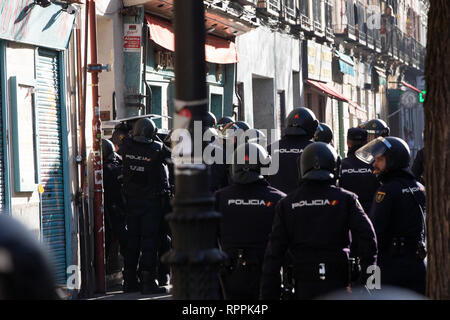 Madrid, Spagna. Il 22 febbraio, 2019. La polizia visto cercando di entrare in un edificio forzando la porta aperta durante lo sfratto.quattro famiglie hanno dovuto lasciare le loro case si trova in 11 Argumosa Street a Madrid perché non possono permettersi il canone di affitto che era aumentato del 300%. Le forze di polizia nazionali applicate lo sfratto ordini nonostante la pressione esercitata dagli attivisti che si erano riuniti lì. Credito: Gesù Hellin/SOPA Immagini/ZUMA filo/Alamy Live News Foto Stock