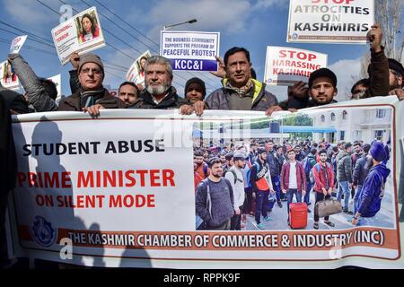 Membri del Kashmir, Camera di Commercio e Industria (KCCI) sono visti tenendo cartelli e striscioni durante la protesta a Srinagar. Proteste scoppiò a Srinagar contro i molteplici attacchi a del Kashmir nel Jammu e in altre parti del paese in seguito all'attacco militante su un paramilitare riserva centrale forza di polizia (CRPF) convoglio nel sud del Kashmir uccidendo 40 troopers su Feb 14. Foto Stock