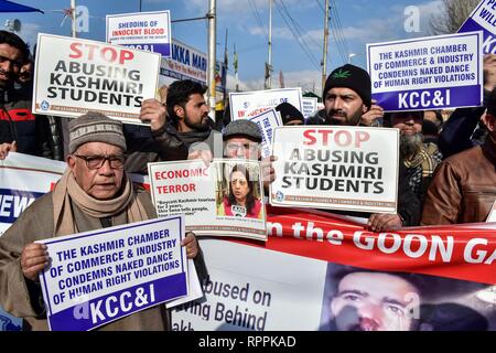 Membri del Kashmir, Camera di Commercio e Industria (KCCI) sono visti tenendo cartelloni durante la protesta a Srinagar. Proteste scoppiò a Srinagar contro i molteplici attacchi a del Kashmir nel Jammu e in altre parti del paese in seguito all'attacco militante su un paramilitare riserva centrale forza di polizia (CRPF) convoglio nel sud del Kashmir uccidendo 40 troopers su Feb 14. Foto Stock