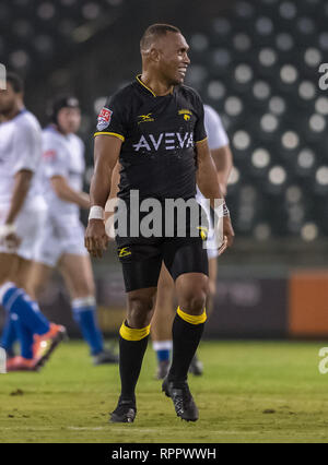 Febbraio 22, 2019 Houston centro SaberCats Osea Kolinisau (13) durante la mostra gioco tra Toronto e le frecce SaberCats Houston al campo di costellazione, Sugar Land, Texas. A metà tempo Toronto frecce sono in alto al di sopra della Houston SaberCats 27-10. © Maria Lysaker/Cal Sport Media Foto Stock