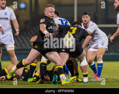 Febbraio 22, 2019 Houston SaberCats scrumhalf Connor Murphy (9) durante la mostra gioco tra Toronto e le frecce SaberCats Houston al campo di costellazione, Sugar Land, Texas. A metà tempo Toronto frecce sono in alto al di sopra della Houston SaberCats 27-10. © Maria Lysaker/Cal Sport Media Foto Stock