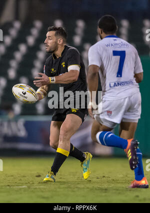 Febbraio 22, 2019 Houston SaberCats flyhalf Sam Windsor (10) durante il confronto tra le frecce di Toronto e la Houston SaberCats al campo di costellazione, Sugar Land, Texas. A tempo pieno Toronto frecce battere la Houston SaberCats 44-27. © Maria Lysaker/Cal Sport Media Foto Stock