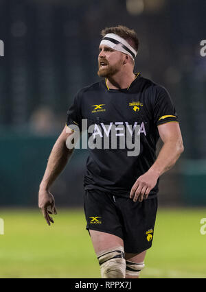 Febbraio 22, 2019 Houston SaberCats bloccare Matt Trouville (5) durante il confronto tra le frecce di Toronto e la Houston SaberCats al campo di costellazione, Sugar Land, Texas. A tempo pieno Toronto frecce battere la Houston SaberCats 44-27. © Maria Lysaker/Cal Sport Media Foto Stock