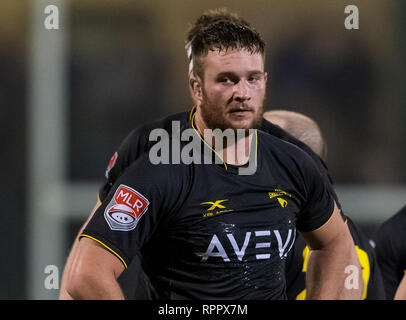 Febbraio 22, 2019 Houston SaberCats prop Jake Turnbull (17) durante il confronto tra le frecce di Toronto e la Houston SaberCats al campo di costellazione, Sugar Land, Texas. A tempo pieno Toronto frecce battere la Houston SaberCats 44-27. © Maria Lysaker/Cal Sport Media Foto Stock