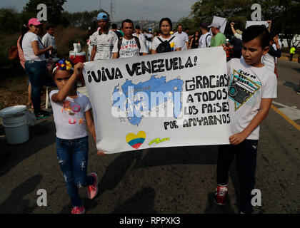 Cucuta, Colombia. Il 22 febbraio, 2019. Gli spettatori in occasione di un concerto benefico " Venezuela Aiuto Live' sulla parte colombiana del ponte di confine Tienditas. Molte persone scambiate cheers a "Venezuela aiuto' Live a famosi artisti latino americani. Con il concerto, miliardario britannico Branson e il venezuelano opposizione ha voluto lanciare una campagna di raccolta fondi per sollevare fino a 100 milioni di dollari per aiuti umanitari entro sessanta giorni. Credito: Rafael Hernández/dpa/Alamy Live News Foto Stock