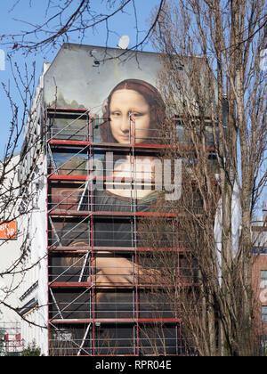 Berlino, Germania. Il 23 febbraio, 2019. Una impalcatura è smontato e oversized Mona Lisa si affaccia sulla strada presso l'East Side Gallery. L'artista di Berlino Die collettiva Dixons, insieme con il serbatoio di artisti, Weisse Seite e fissare77, ha dipinto una replica della la Mona Lisa di Leonardo Da Vinci in una dimensione di 16.30 e 10.60 metri sul firewall di un hotel in Mühlenstraße opposta alla East Side Gallery. Credito: Annette Riedl/dpa/Alamy Live News Foto Stock