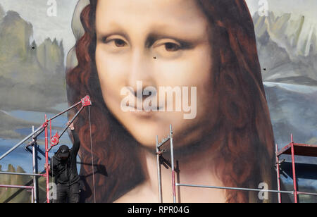 Berlino, Germania. Il 23 febbraio, 2019. Una impalcatura è smontato e oversized Mona Lisa si affaccia sulla strada presso l'East Side Gallery. L'artista di Berlino Die collettiva Dixons, insieme con il serbatoio di artisti, Weisse Seite e fissare77, ha dipinto una replica della la Mona Lisa di Leonardo Da Vinci in una dimensione di 16.30 e 10.60 metri sul firewall di un hotel in Mühlenstraße opposta alla East Side Gallery. Credito: Annette Riedl/dpa/Alamy Live News Foto Stock