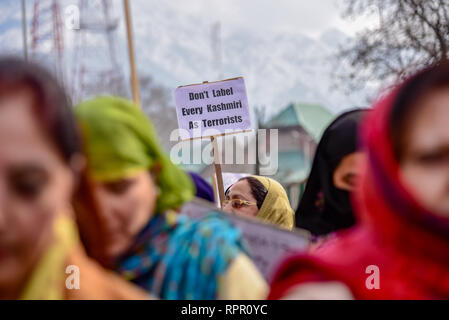 Srinagar Kashmir. Il 23 febbraio, 2019. Una donna del Kashmir visto tenendo un cartello durante la protesta.La Corte Suprema indiana ha ordinato dalle autorità statali per arrestare le minacce, aggressioni e boicottaggi sociale di migliaia di studenti del Kashmir, commercianti e professionisti in un apparente ritorsione per l uccisione di 49 indiani soldati paramilitari in un attentato suicida a pulwama kashmir la scorsa settimana. Le persone hanno protestato contro gli attacchi delle autorità statali. Credito: Idrees Abbas SOPA/images/ZUMA filo/Alamy Live News Credito: ZUMA Press, Inc./Alamy Live News Foto Stock