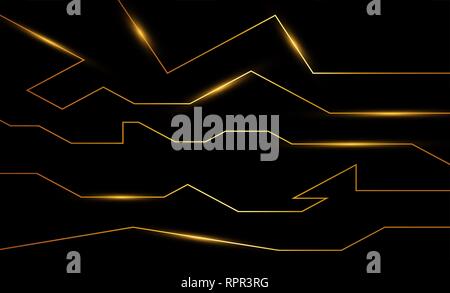 Golden astratto di energia di elettroni linea sul nero spazzolato sfondo. Alimentazione luce di vena tech Illustrazione Vettoriale