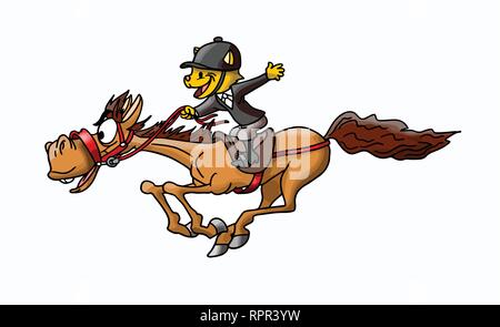 Cartoon cat riding un marrone cavallo al galoppo a velocità fulminea illustrazione vettoriale Illustrazione Vettoriale