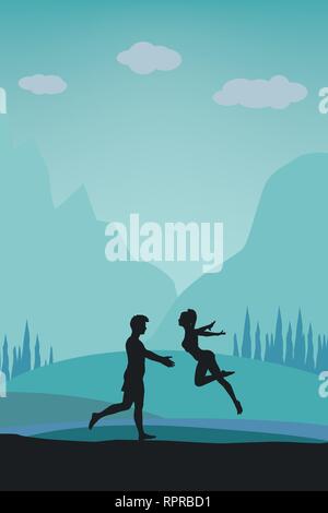 Uno stile di vita attivo Concept coppia adorabile Silhouette danza su Outdoor color pastello template vettoriale Illustrazione Vettoriale
