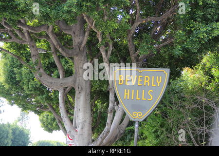 Iconico Beverly Hills shield design limite della città strada segno su un giorno di dicembre con un bellissimo albero della California in background. Foto Stock