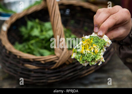 Ortica e aglio selvatico Pesto crostino, wild foraged alimentare nel Sussex, Regno Unito Foto Stock