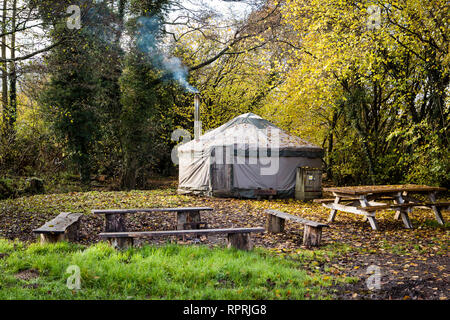 Yurt tradizionale nei boschi, glamping in autunno sole Foto Stock