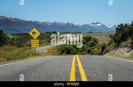 Kiwi cartello stradale a zig zag strada in Nuova Zelanda Foto Stock