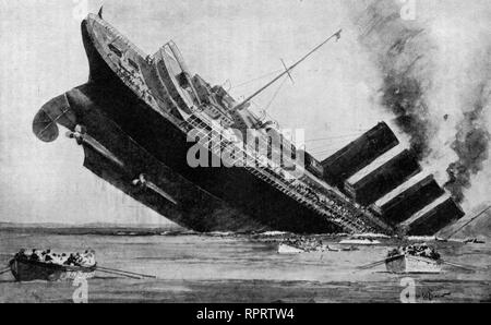 The Last of the Lusitania, 7th maggio 1915. RMS Lusitania era un transatlantico britannico. La nave è stata affondata il 7th maggio 1915 da un U-boat tedesco. Il naufragio presagì la dichiarazione di guerra degli Stati Uniti contro la Germania nel 1917. Foto Stock