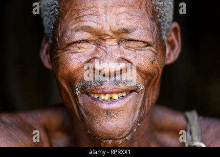 Ritratto di un anziano bushman di popolazione San, il Kalahari, Namibia, Africa Foto Stock