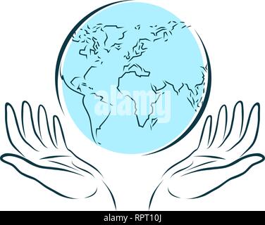Con cura le mani mantiene il globo. Mondo, viaggi, ecologia logo. illustrazione vettoriale Illustrazione Vettoriale
