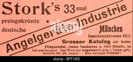 . Allgemeine Fischerei-Zeitung. Reichhaltige Preisliste steht zu Diensten. H. Hildebrand's Nachf. Jakob Wieland München, 3b Ottostrasse 3 b Sßdziäl-Qeschätt für Angelgeräte t^ gegründet 1843 -=1:2 eigene anerkannt vorzügliche Fabriicate englische und Geräte, nur prima Qualität. Bayer. Jubiläums-Landes-Ausstellung Nürnberg 1906: Höchste Auszeichnung "Goldene Medaille^^ "für die reichhaltige, geschmackvolle Ausstellung sehr gediegener Angelo- geräte und die vorzügliche anerkannt Leistungsfähigkeit in diesem Industriezweige." tZ^ In 30 Ausstellungen prämiiert, "fc^l di cicogna 33. preisgekr Foto Stock