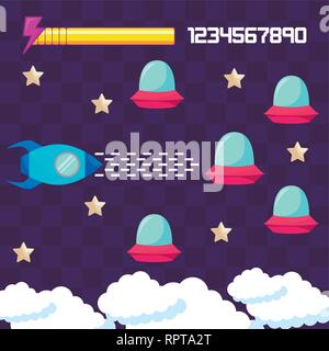 Classico gioco video rocket battenti e gli UFO illustrazione vettoriale design Illustrazione Vettoriale